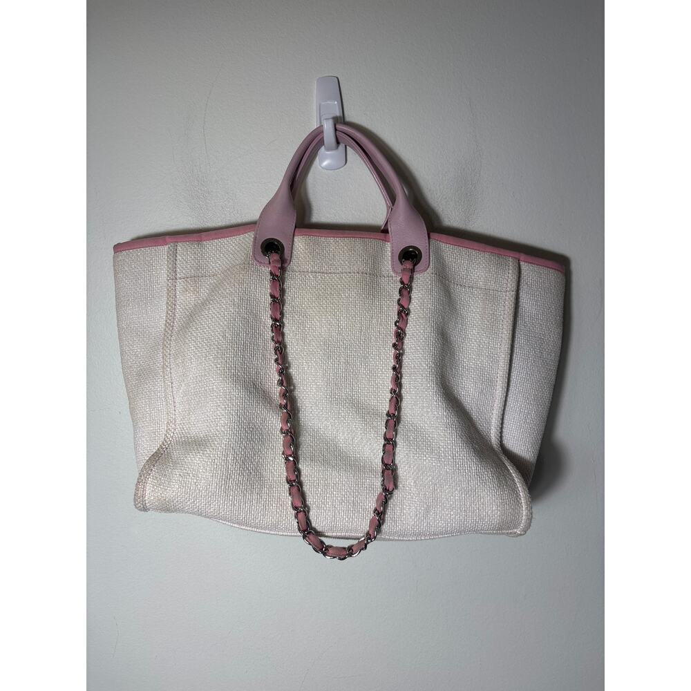 Chanel Deauville Shopping Tote Light Pink Raffia and Canvas Silver Hardware - Picture 3 of 8